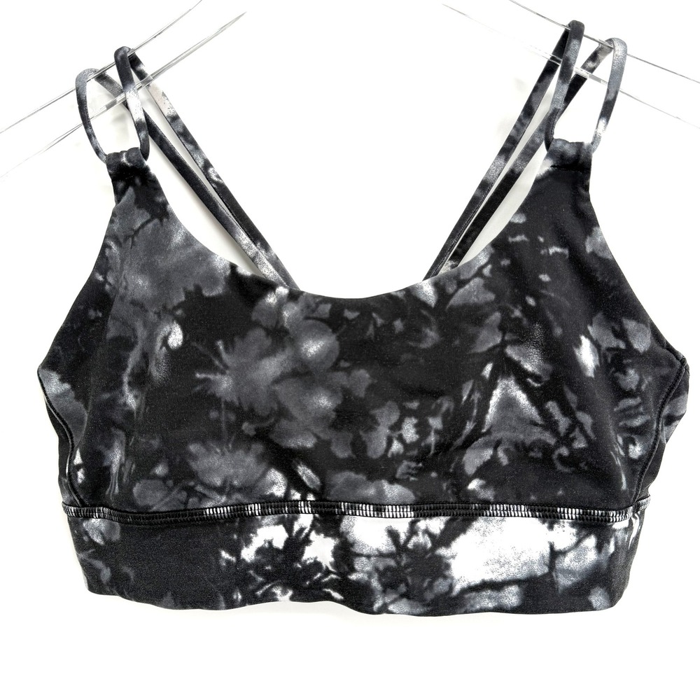 Lululemon Sunshine Salutation Bra Size 8 Black White Tie Dye Marble Strappy Back
